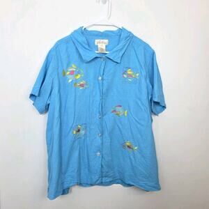 Bobbie Brooks Blue Linen Blend Fish Bead Embroidered Button Up Shirt Size 22W